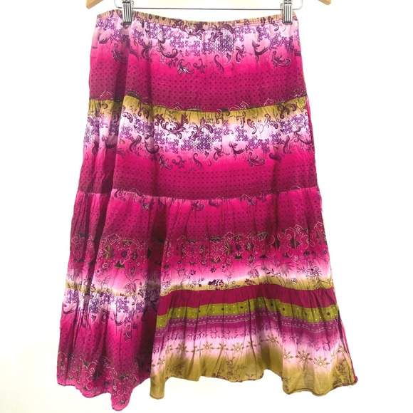 Boho Tiered Skirt Pink Floral Print Elastic Waist Cottagecore Maxi Skirt Size S - Picture 1 of 5